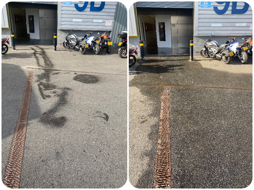 UNSIGHTLY OIL SPILL ON GARAGE FORECORT CLEANUP