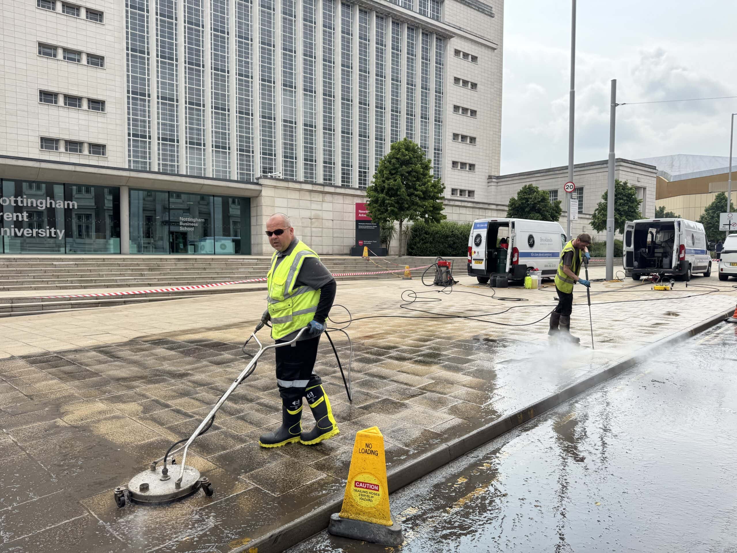 Power washing exterior pavement at Nottingham Trent University for cleaning and surface maintenance.